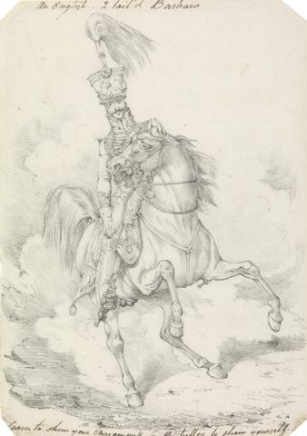 Henry Thomas Alken Hussar with High Plume in His Helmet, Mounted on a Horse, With High Held Swishing Tail