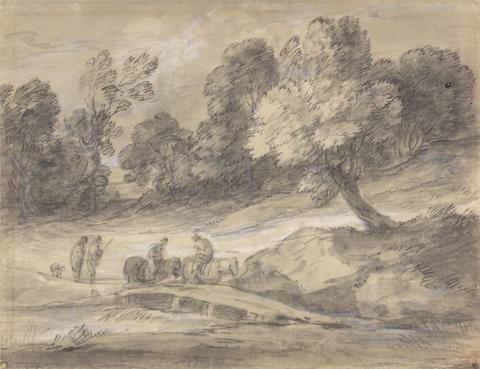 Thomas Gainsborough RA Wooded Landscape with Figures on Horseback Crossing a Bridge