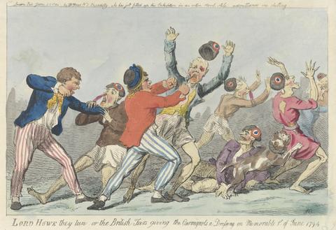 Isaac Cruikshank Lord Howe they run, or the British Tars giving the Carmignols a Dressing on Memorable 1st of June 1794