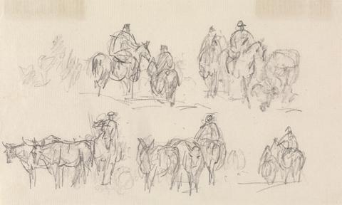 Studies of figures on horses, cattle at lower left