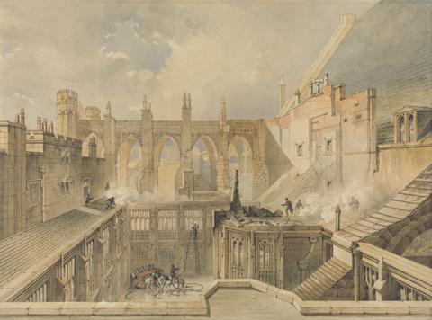 John Taylor Jr. A View of the remains of St. Stephen's Chapel, Houses of Parliament on the morning after the Fire of the 16th October 1834