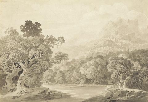 John Martin Forested River Bank, Hill Town and Mountain Peaks in Distance