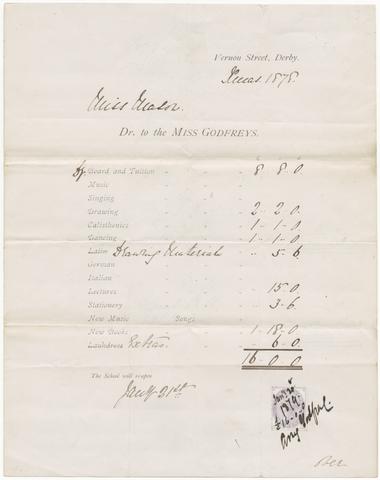 Godfreys, Amy, active 1879. Bills for school expenses for Miss Gleason, to be paid to Amy Godfreys, Vernon Street, Derby.