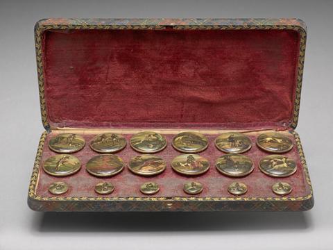 unknown artist Scenes of Various Sporting Pursuits: Painted on a Set of Eighteen Victorian Lacquer Buttons, in Two Sized, in Tartan Covered Case