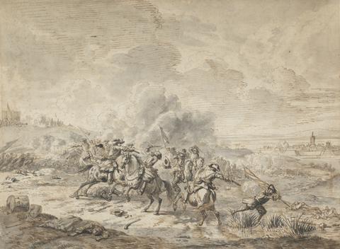 Jan Wyck Cavalry Battle with a Distant view of a Town