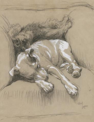 Cecil Charles Windsor Aldin Cracker and Friend lying in an Armchair (Turps finds a new use for bull terriers)