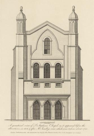 Geometrical View of St. Stephen's Chapel, as it appeared before the alterations in 1806 and after Mr. Sandby's view, which was taken about 1755