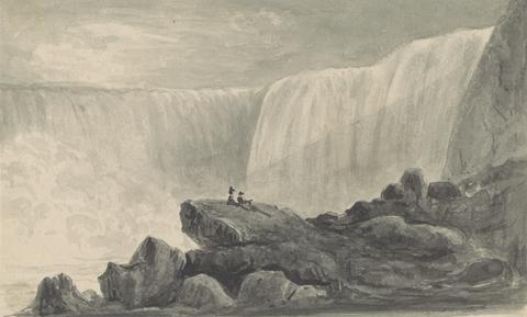 Isaac Weld View of Niagara Falls with Two Figures Sitting on a Rock Center Foreground