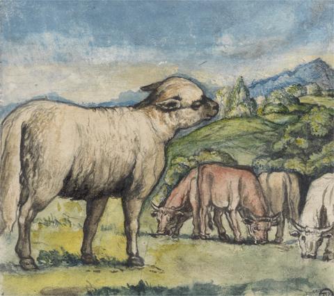 Edward Calvert Lamb and Oxen in a Pastoral Landscape