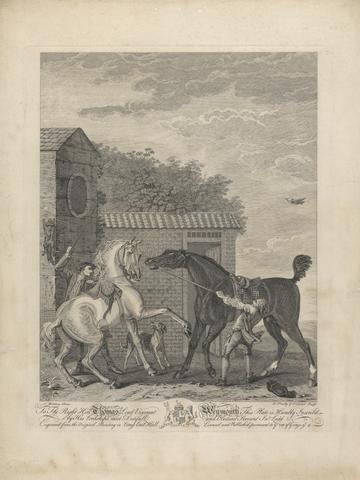 L. Truchy A set of seven, untitled, each dedicated: To the Right Hon'ble. Thomas Lord Viscount Weymouth...from the Original Painting in Long Leat Hall. [Two horses standing restlessly outside a stable...]