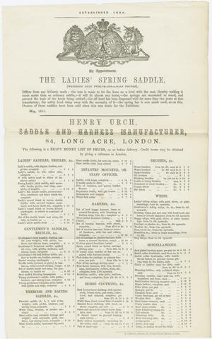 [Price list for items produced and sold by Henry Urch, Saddle and Harness Manufacturer, 84, Long Acre, London].