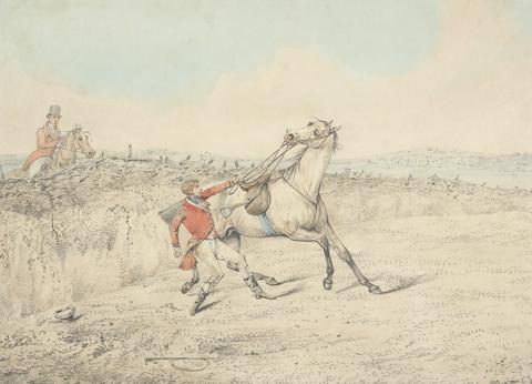 Henry Thomas Alken Rider Holding on to a Gray Horse After a Fall
