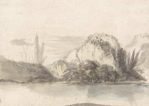 Alexander Runciman A Temple Perched on a Rocky Outcrop Seen Across a Lake