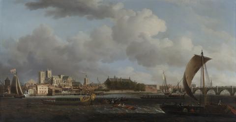 Samuel Scott Westminster from Lambeth, with the Ceremonial Barge of the Ironmongers' Company