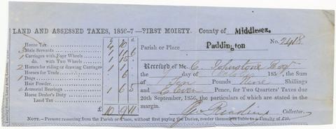  [Tax bill for C. Johnstone, Paddington, Middlesex, October 4th, 1856]