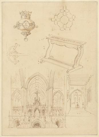 Augustus Welby Northmore Pugin Designs for Gothic Ornamentation, a Kneeler, and Two Sketches of the Interiors of Gothic Churches