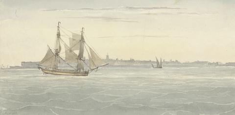 Joseph Cartwright Single Brig (?) Another Sailing Vessel Against Outline of City on Background