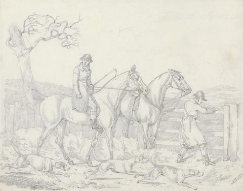 Henry Thomas Alken "Scraps", No. 24: Hunting -Ttwo Riders, One Opening a Gate For Hounds