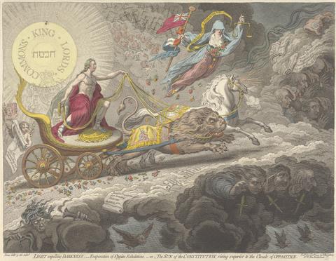James Gillray Light Expelling Darkness, - Evaporation of Stygian Exhalations, - or - The Sun of the Constitution, Rising Superior to the Clouds of Opposition