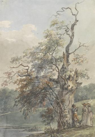 Paul Sandby RA Landscape with a man playing a pipe under an old tree