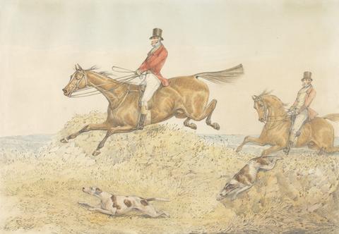 Henry Thomas Alken Two Riders and a Couple of Hounds Clearing a Wall