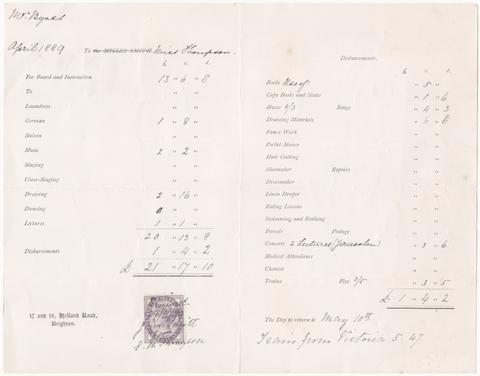 Bill for school expenses for Mr. Bryans from Miss Thompson, 17 and 18 Holland Road, Brighton.