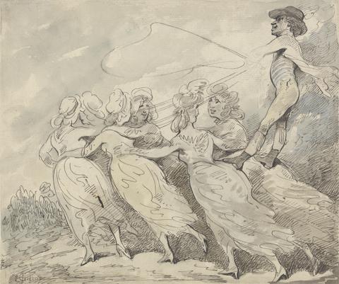 Thomas Rowlandson A Man Driving a Team of Six Girls