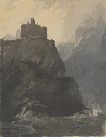 Thomas Sully Castle on Cliff, with a Stormy Sea, and Shipwreck at Base of Cliff