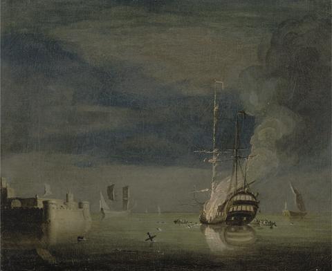 Charles Brooking A Two-Decker on Fire at Night off a Fort