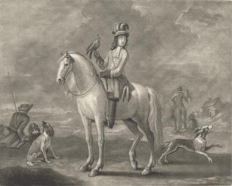 John Smith A Hawking Party: center, a mounted falconer, another in the distance, a servant with two dogs sitting left, another dog running to right