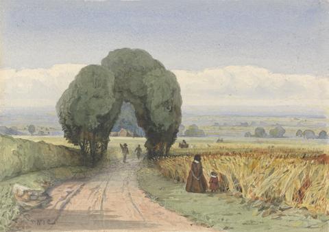 William John Chamberlayne Gloucestershire - a woman and child on a road bordering fields of ripe corn at Moreton-in-Marsh