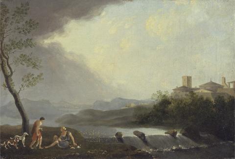 Thomas Jones An Imaginary Italianate Landscape with Classical Figures and a Waterfall