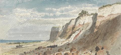 Seashore and Cliffs, with a Horse and Cart and a Beached Boat on Shore