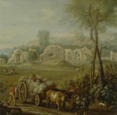 Haycart Passing a Ruined Abbey