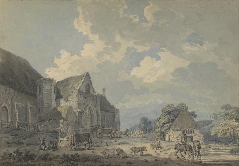 Thomas Girtin The Tithe Barn at Abbotsbury with the Abbey on the hill...