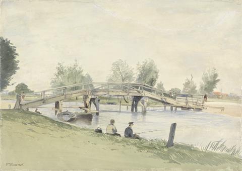 William Evans of Eton A Rustic Bridge over the Thames, Anglers on the River Bank