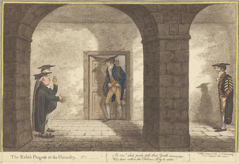 James Gillray The Rake's-Progress at the University - No. 1 - "Ah me! what perils doth that Youth encounter, who dares within the Fellow's Bog to enter."