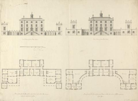 Roger Morris Whitton House, Middlesex: Two Alternate Elevations of the Court Front and Corresponding Ground Floor Plans