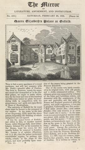 unknown artist Queen Elizabeth's Palace at Enfield from the Mirror, February 20, 1830, Volume XVX, K, Number 416); page 104 (Volume One)