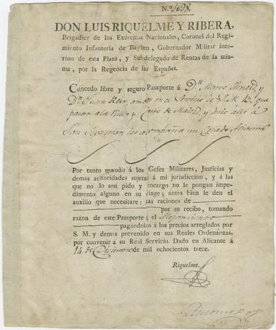 Spain. Sovereign (1813-1833 : Ferdinand VII) Passport of Matthew Arnold and John Keir for travel to Madrid and San Sebastian.