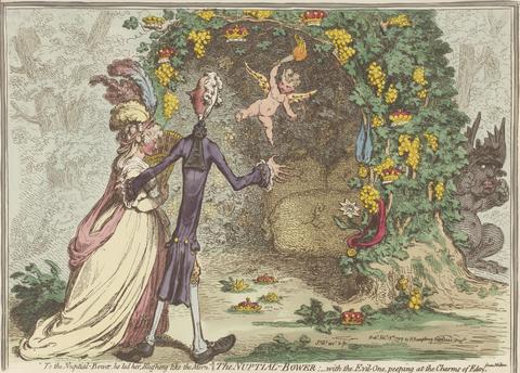 James Gillray The Nuptial-Bower; "To the Nuptial-Bower he led her Blushing Like the Morn with the Evil-one, Peeping at the Charms of Eden." (from Milton)