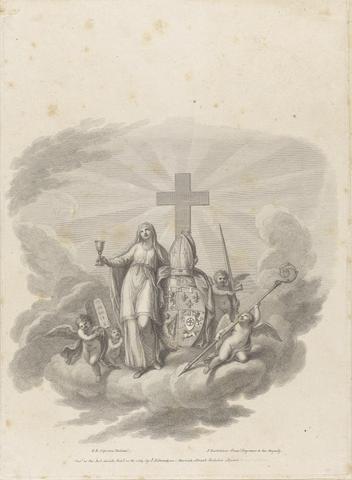 Francesco Bartolozzi RA Vignette with Cherubs carrying a Crozier, a Staff, and a Tablet: Woman carries Chalice and holds a Bishop's mitre above a Coat of Arms
