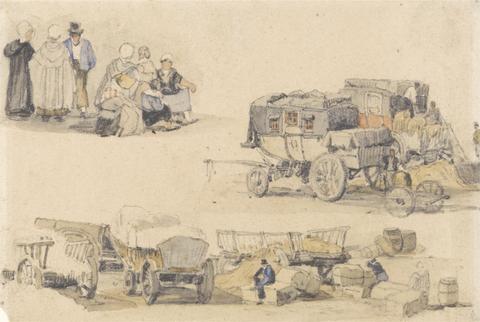 Samuel Prout Studies of Peasants, Diligences, and Hay Wagons