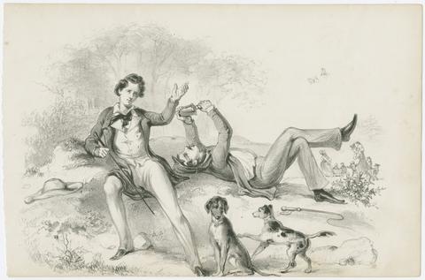  [Print of 2 gentlemen in a field with two dogs].