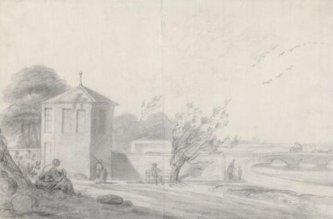 Riverside Scene with Figures, Hexagonal Building Left and Horse-Drawn Wagon Crossing Bridge at Right