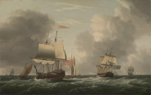 Dominic Serres RA An English Two-Decker Lying Hove to, with Other Ships and Vessels in a Fresh Breeze