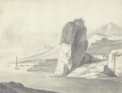 Thomas Wyck A Coastal Scene (Italian) with Breakwater, High Cliffs and a Fort