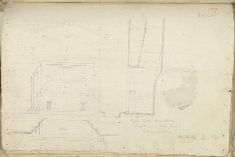 unknown artist Raglan Castle, Monmouthshire, Wales: Elevation, Section and Plan of Fireplace in First Floor Entrance Gateway
