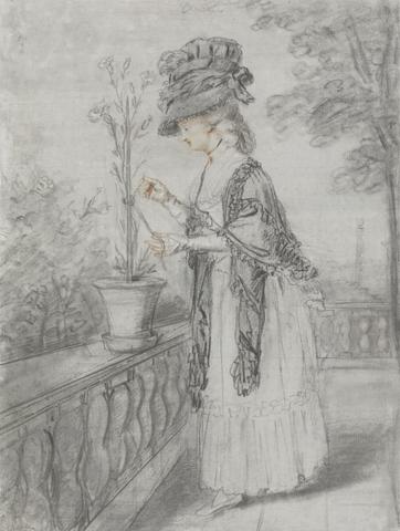 John Raphael Smith Lady on a Terrace Tending a Carnation Plant