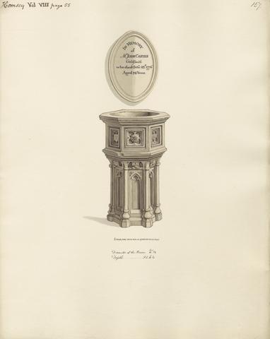 Daniel Lysons Font and Memorial to John Carter from Hornsey Church